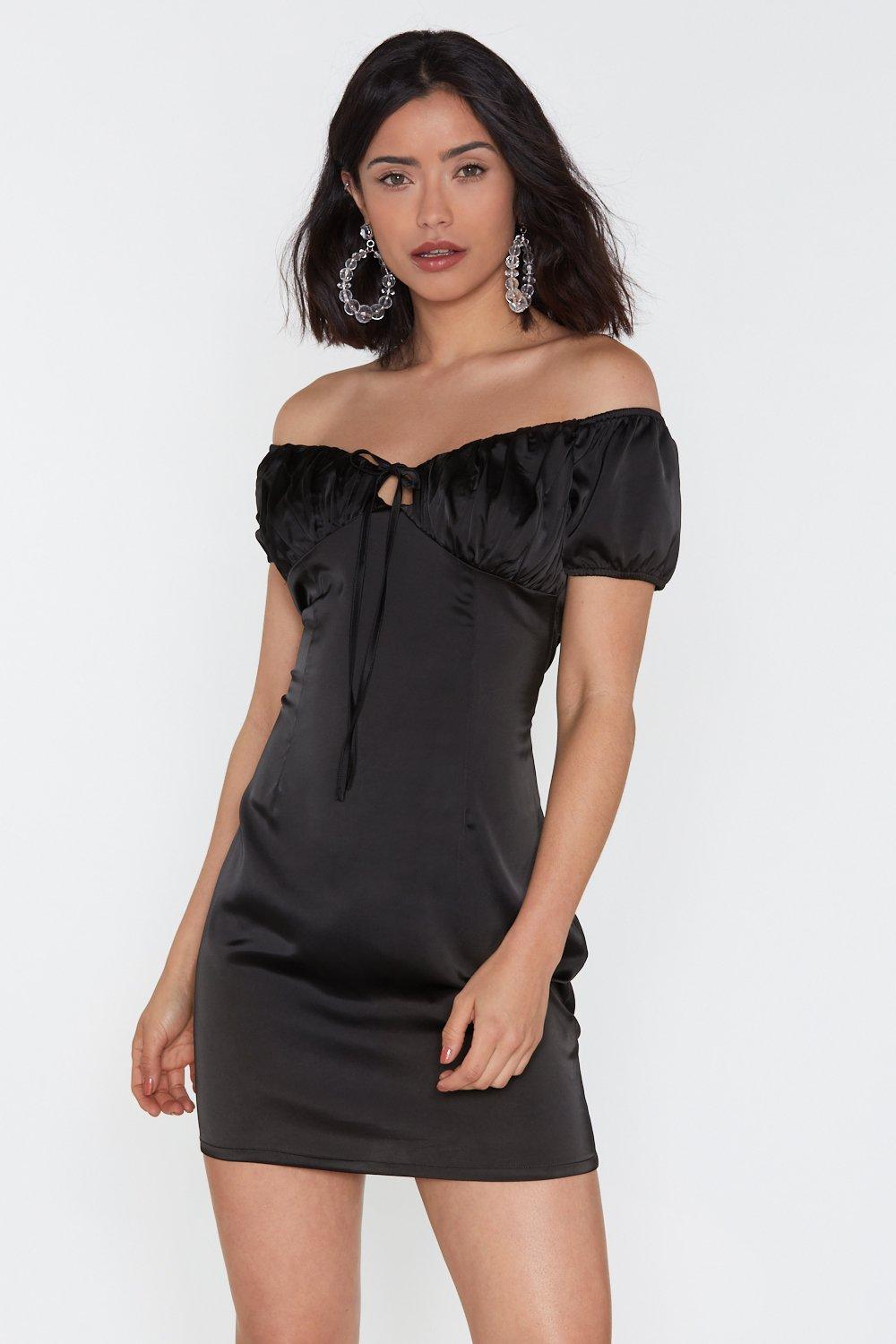 black satin off the shoulder dress