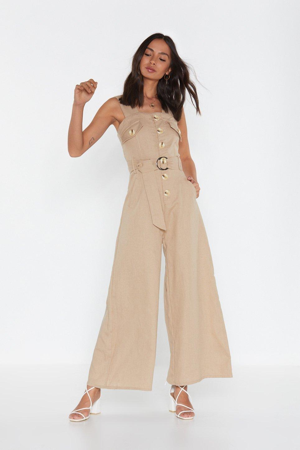 beige wide leg jumpsuit