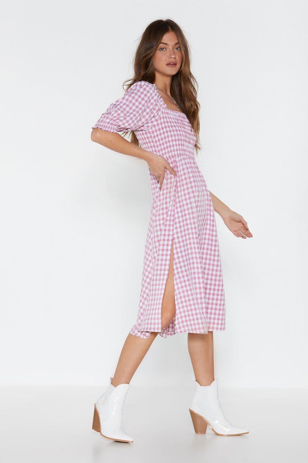 pink gingham midi dress