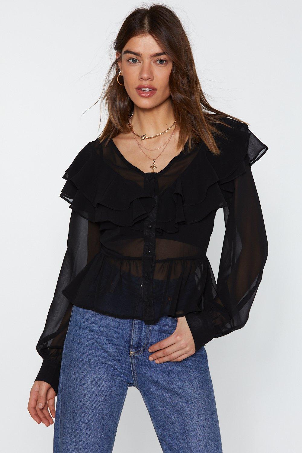 black sheer ruffle top