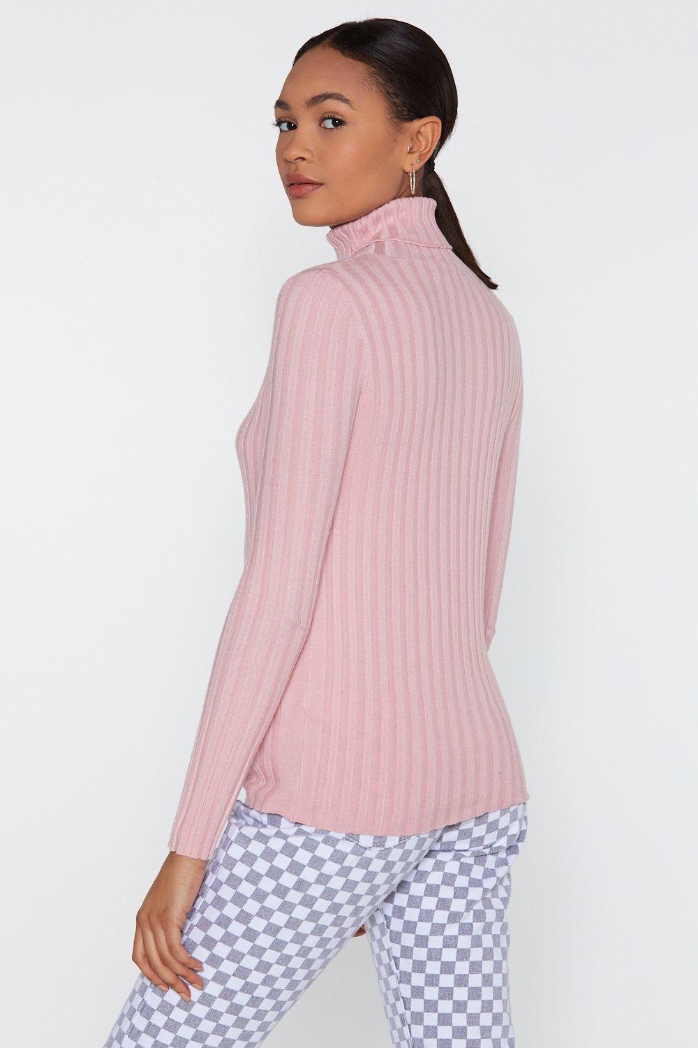 pink ribbed turtleneck sweater