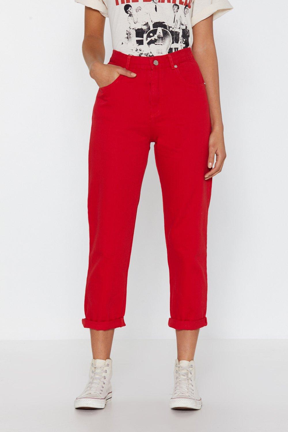 red high waisted mom jeans