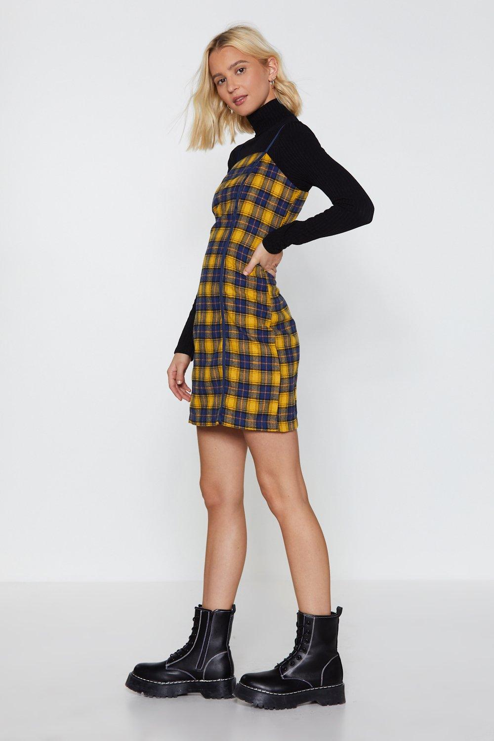 plaid overall mini dress