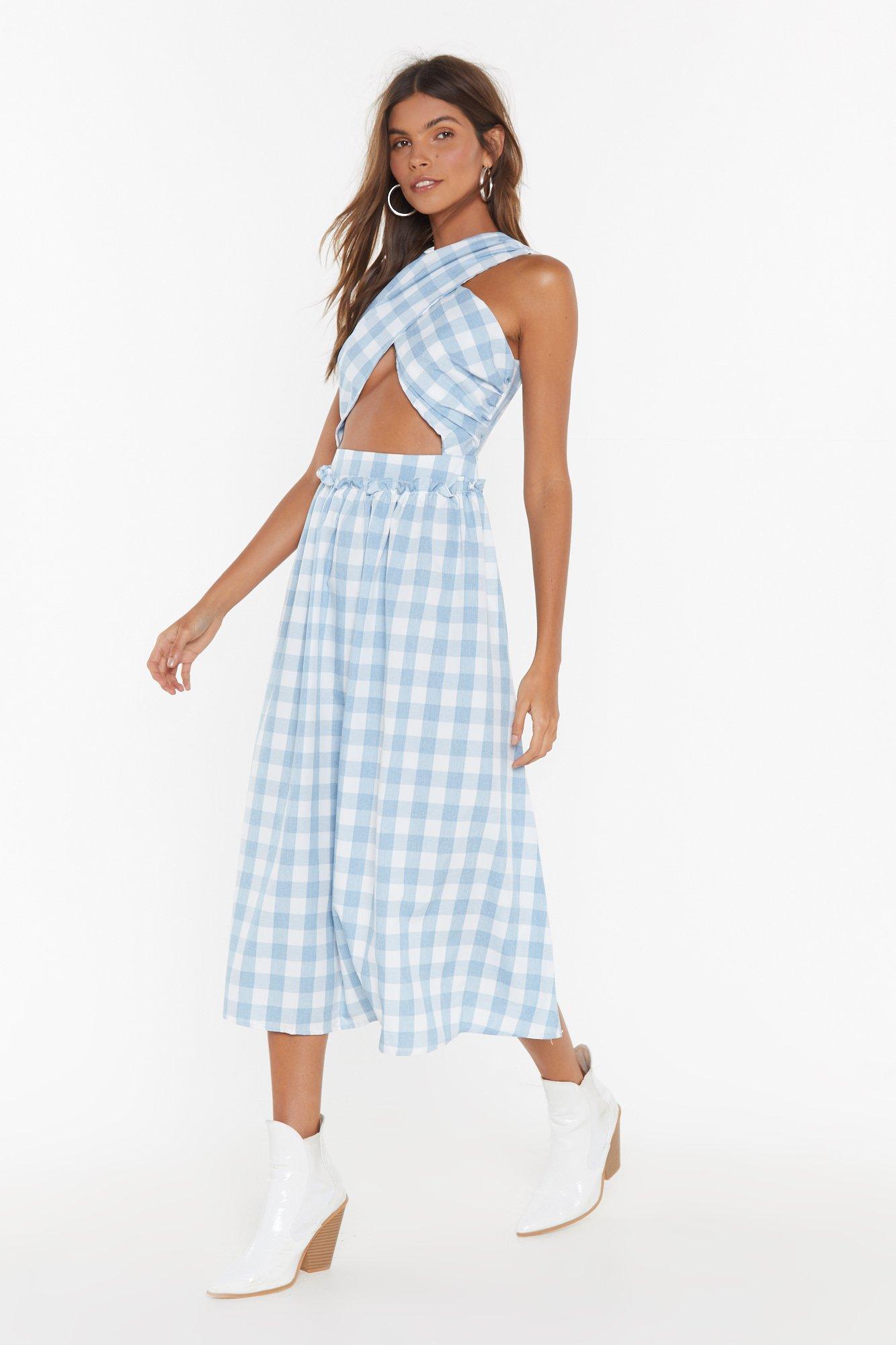 blue gingham wrap dress