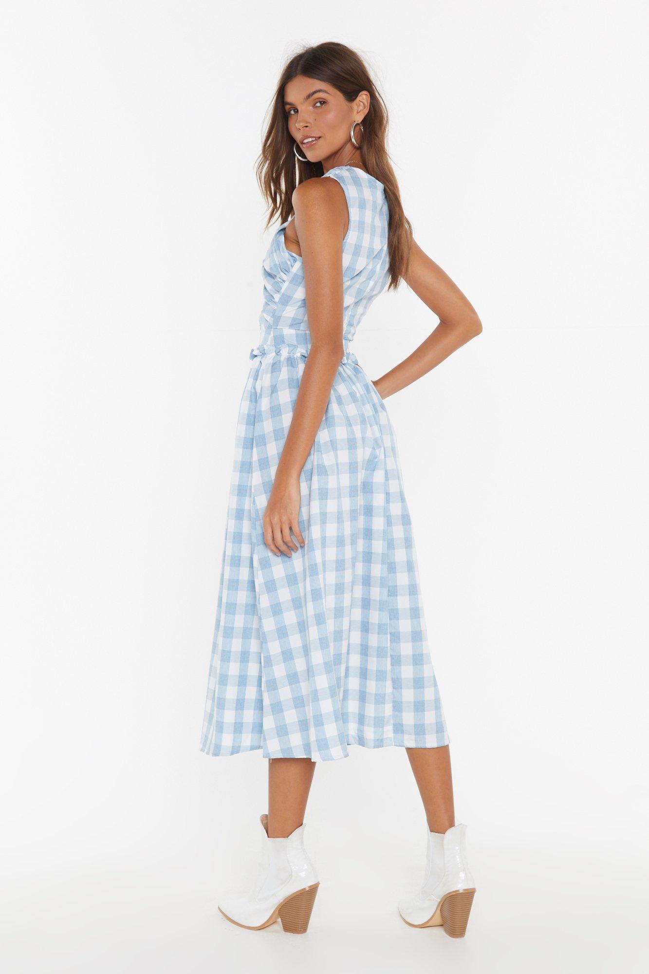 blue gingham wrap dress