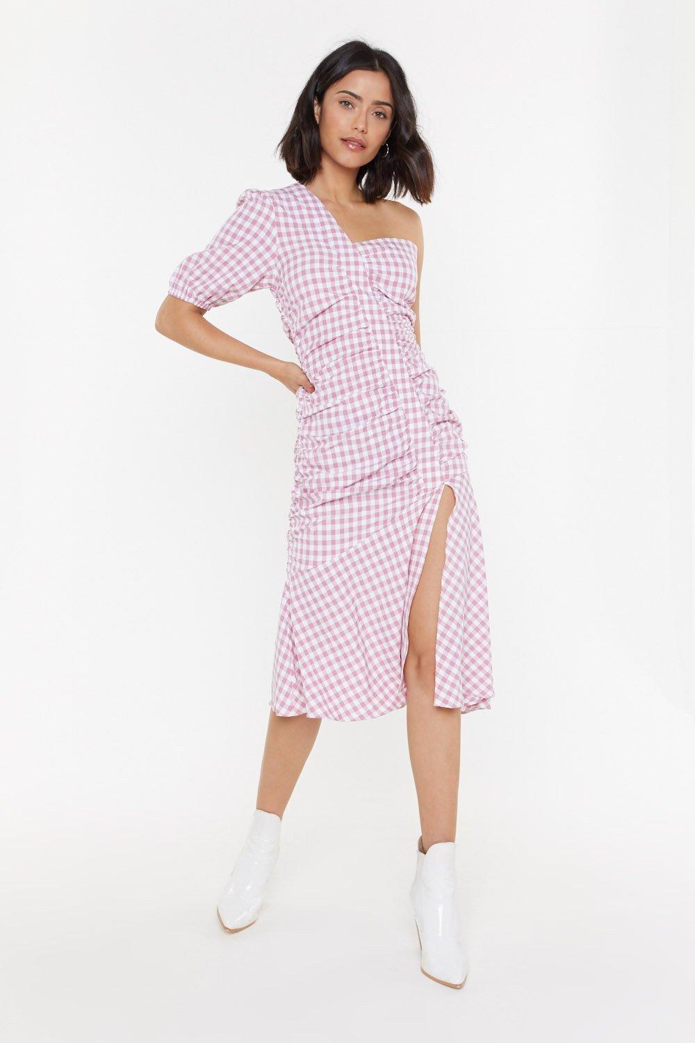 pink gingham midi dress