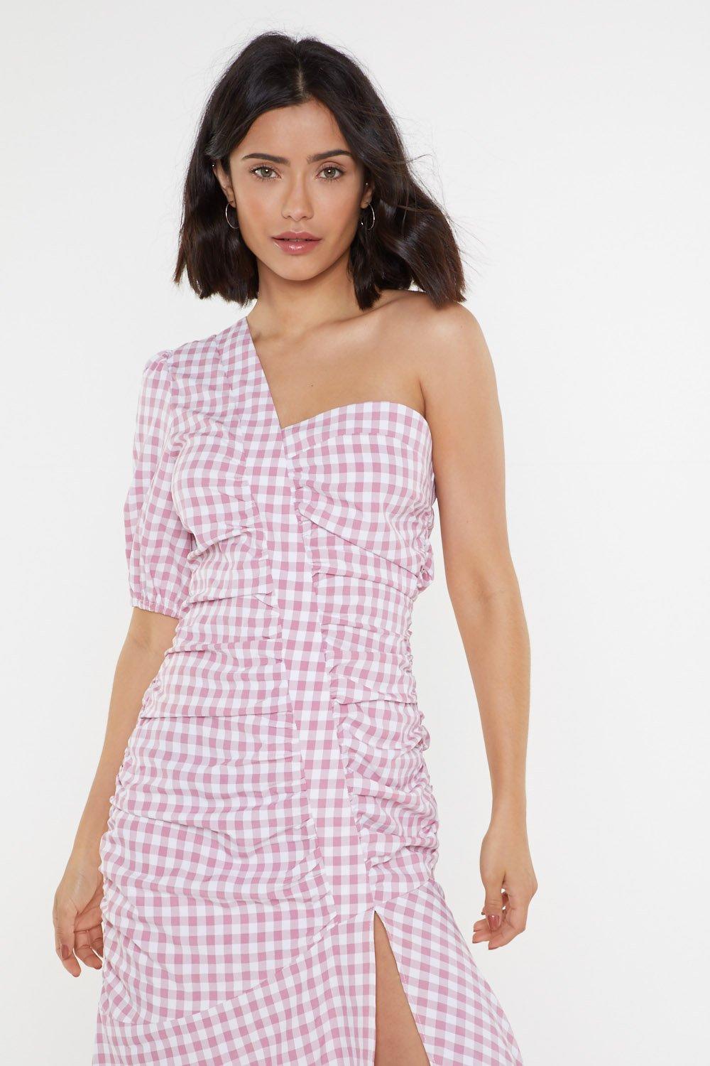 gingham one shoulder dress