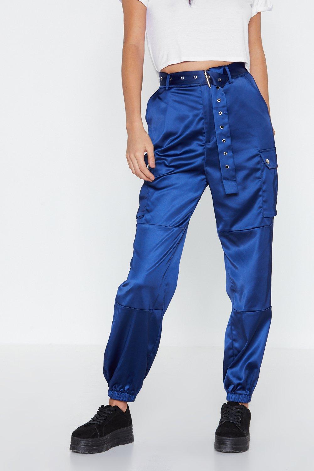 blue satin cargo pants