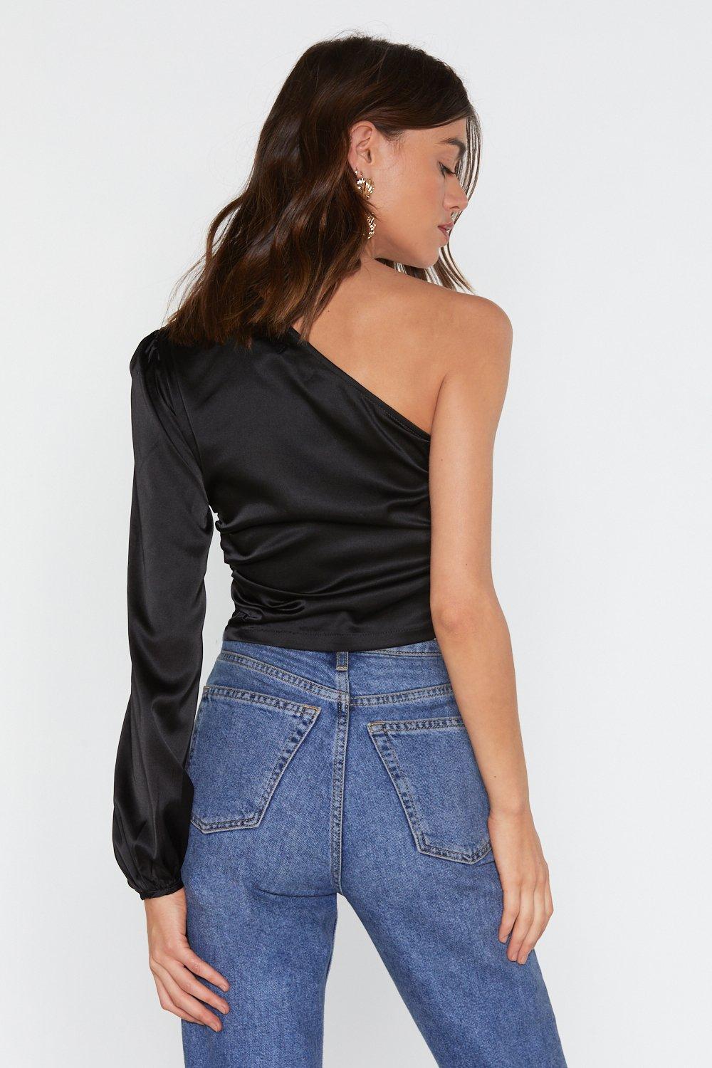 black satin one shoulder top