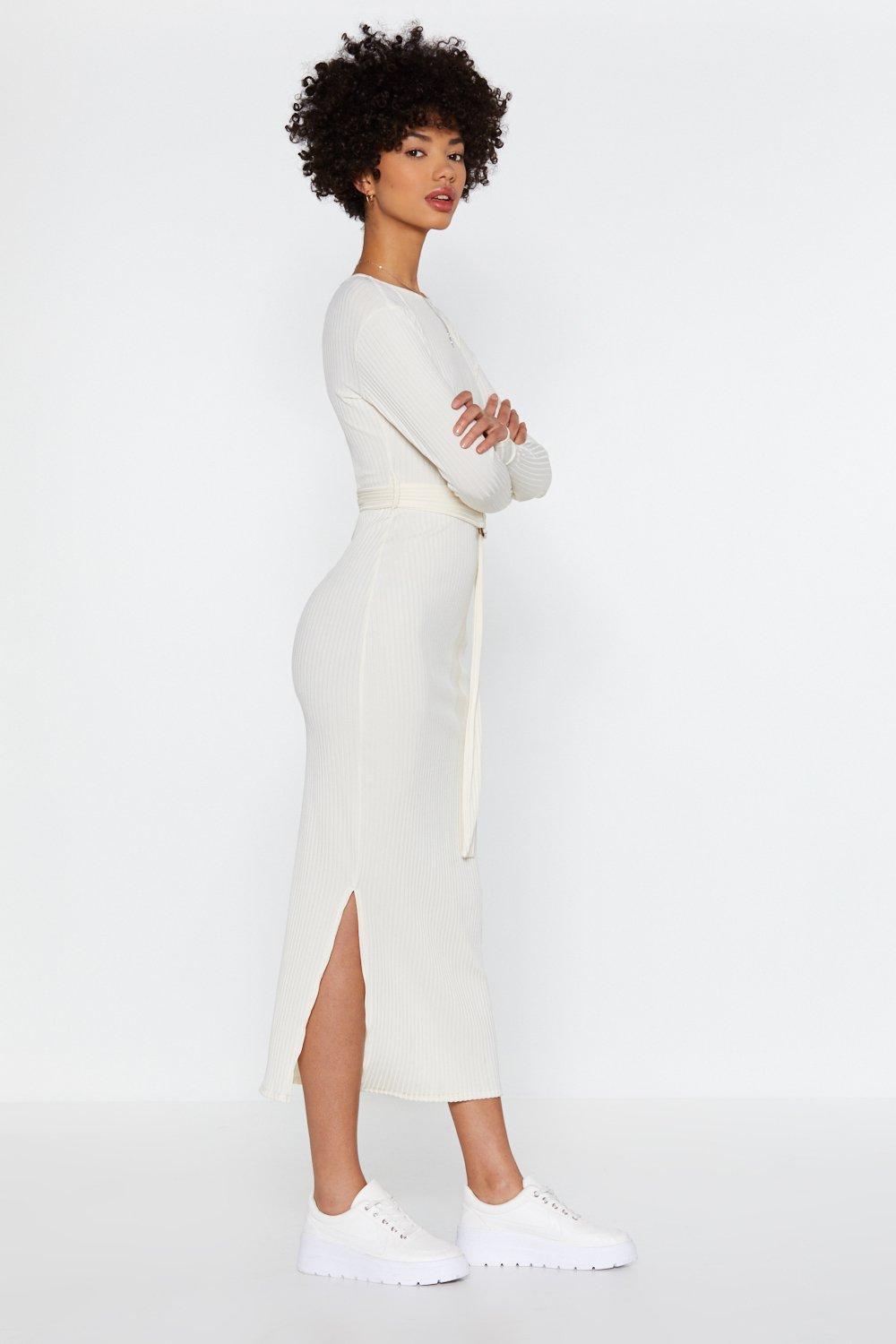 white belted midi dress