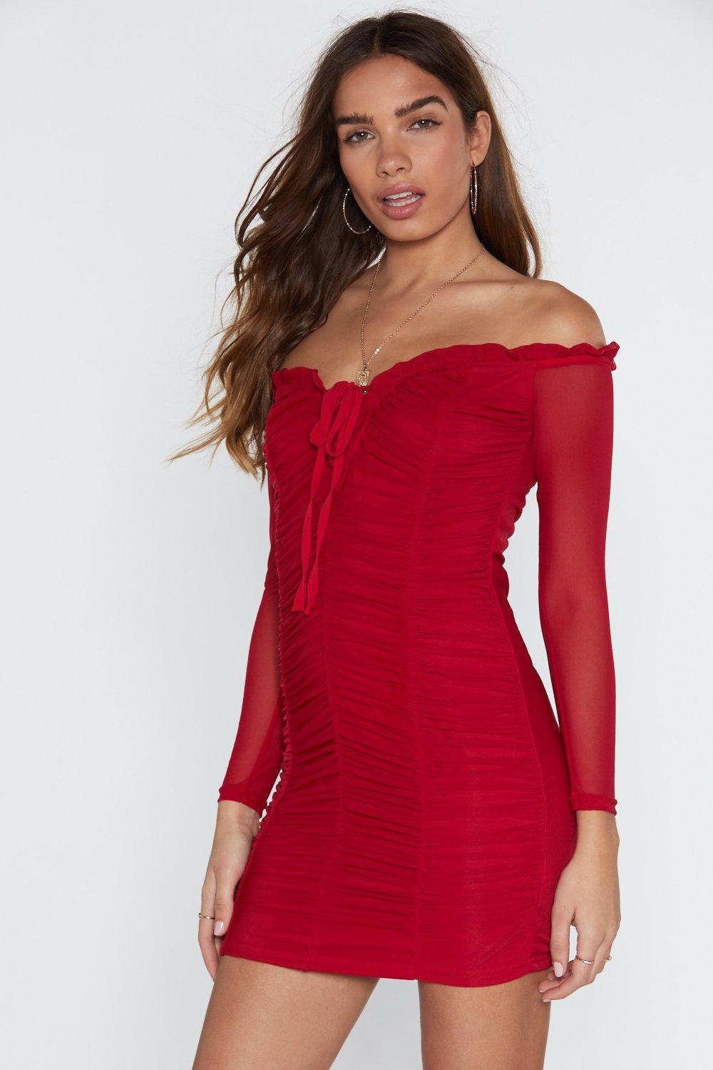 off the shoulder red mini dress