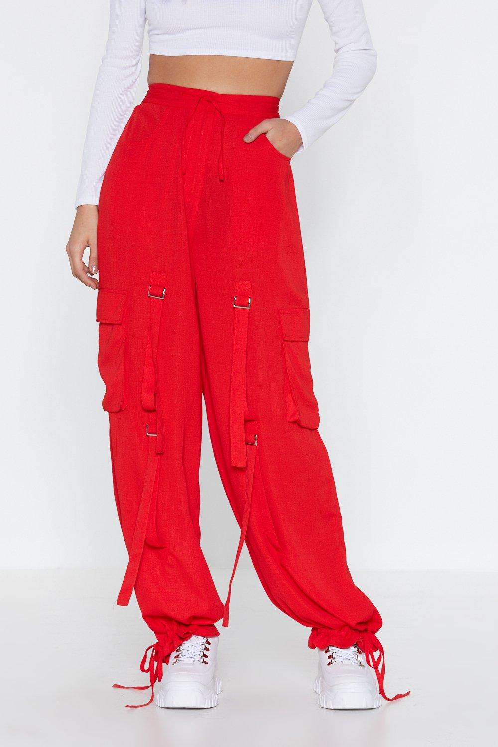 red utility pants