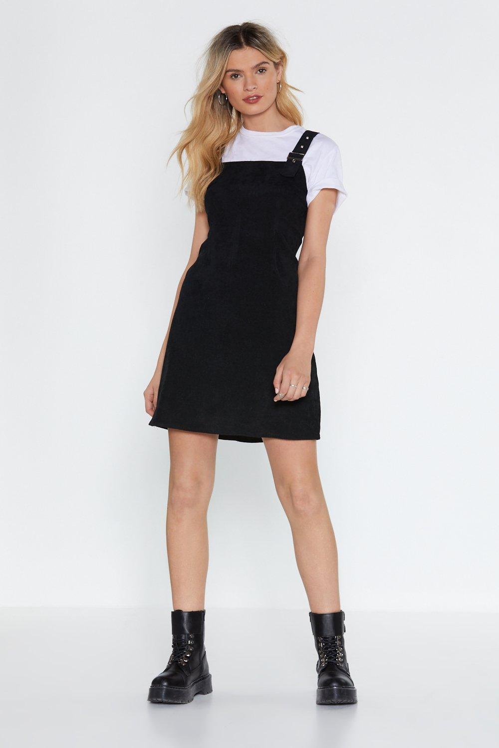 ladies black cord pinafore dress