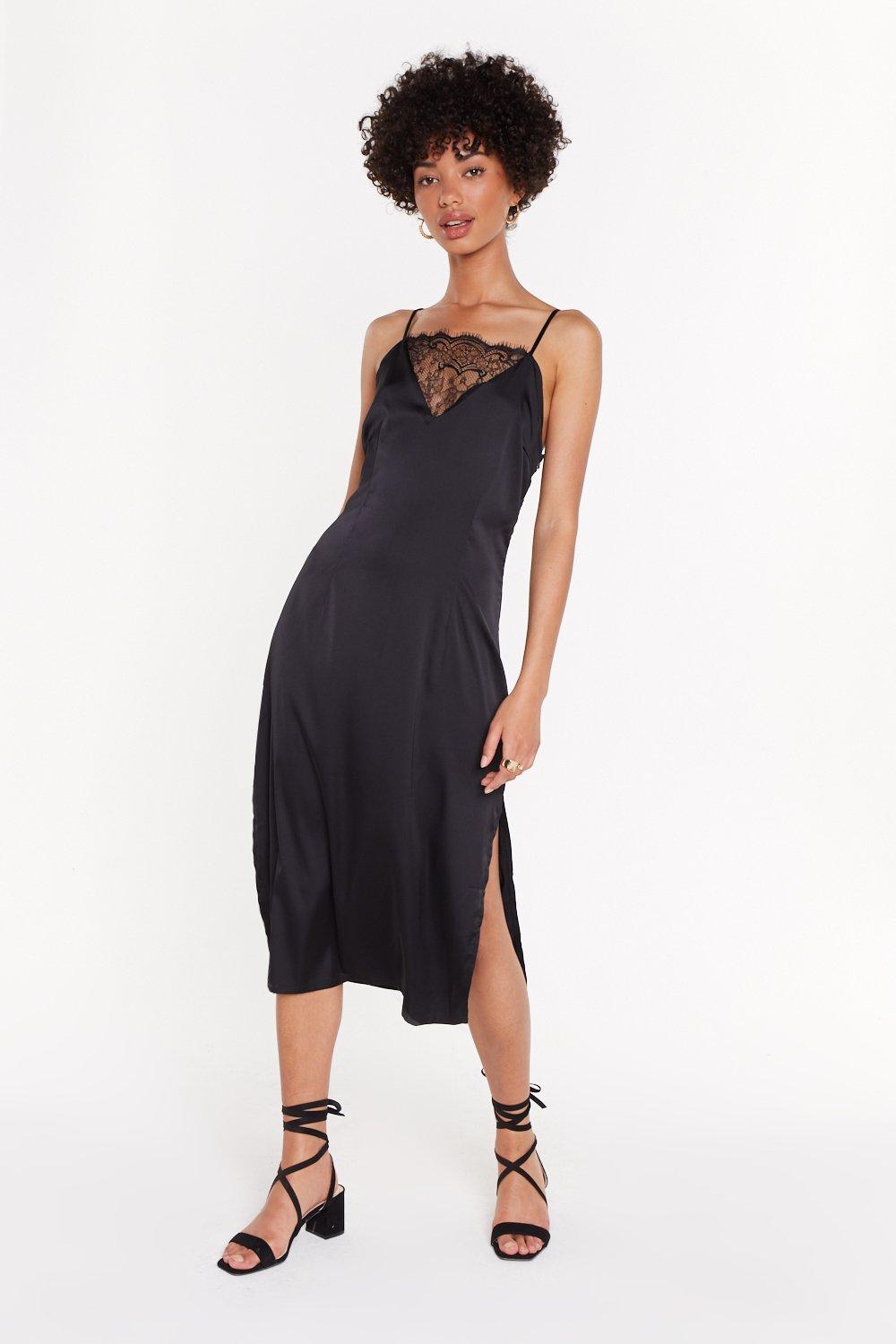 black satin slip midi dress