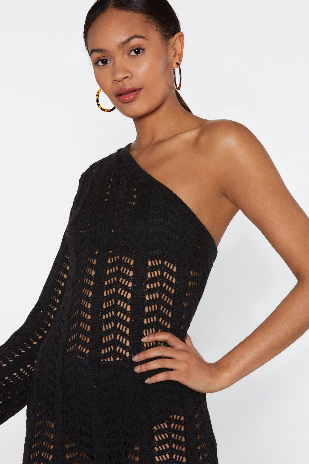 black crochet one shoulder dress