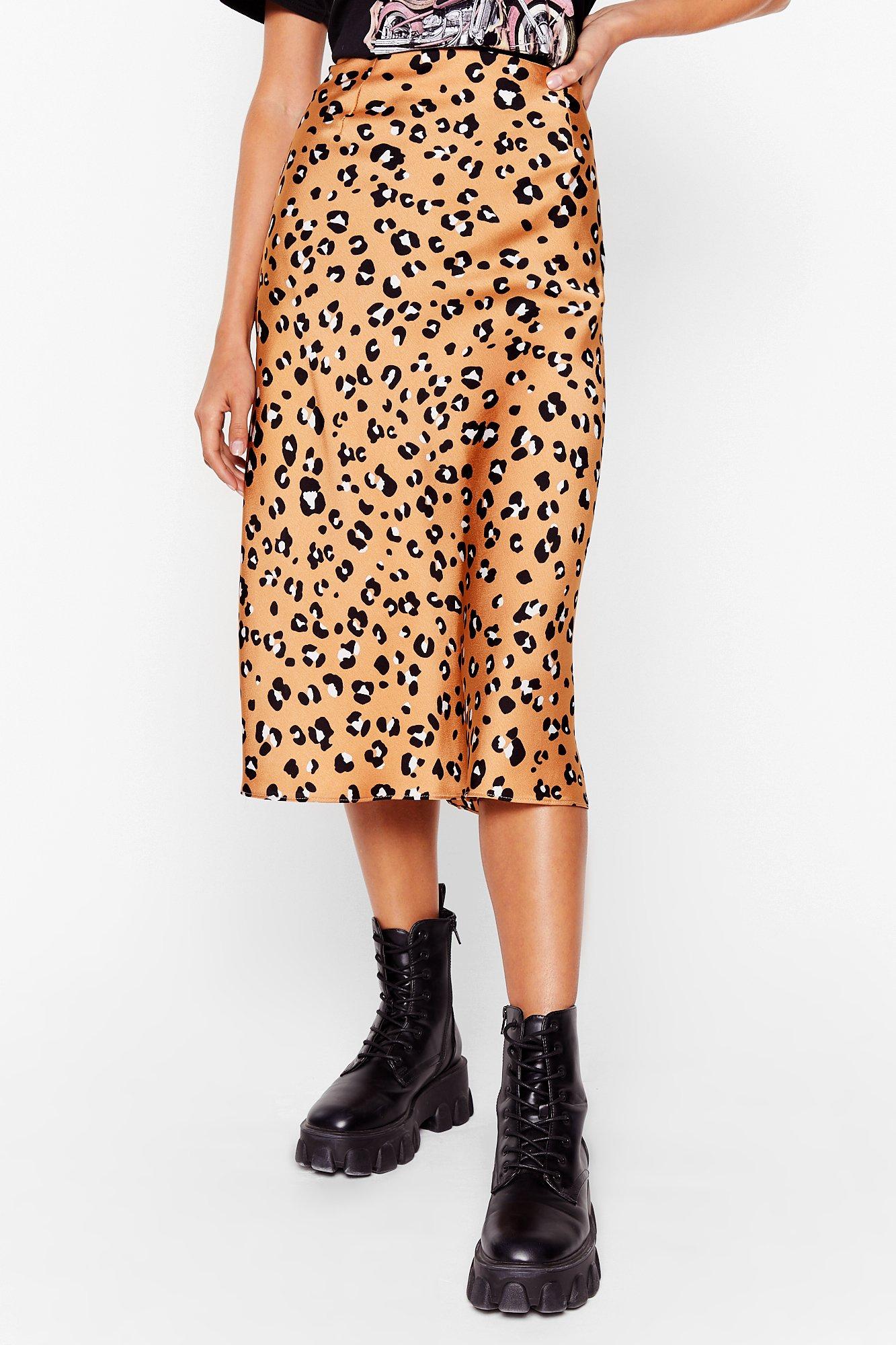 glamorous satin midi skirt in leopard print