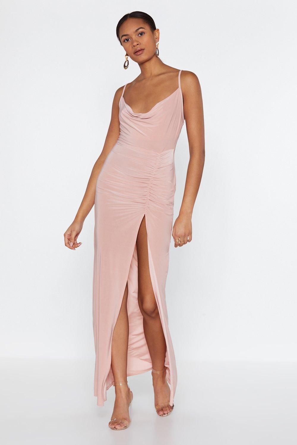 pink cowl neck maxi dress