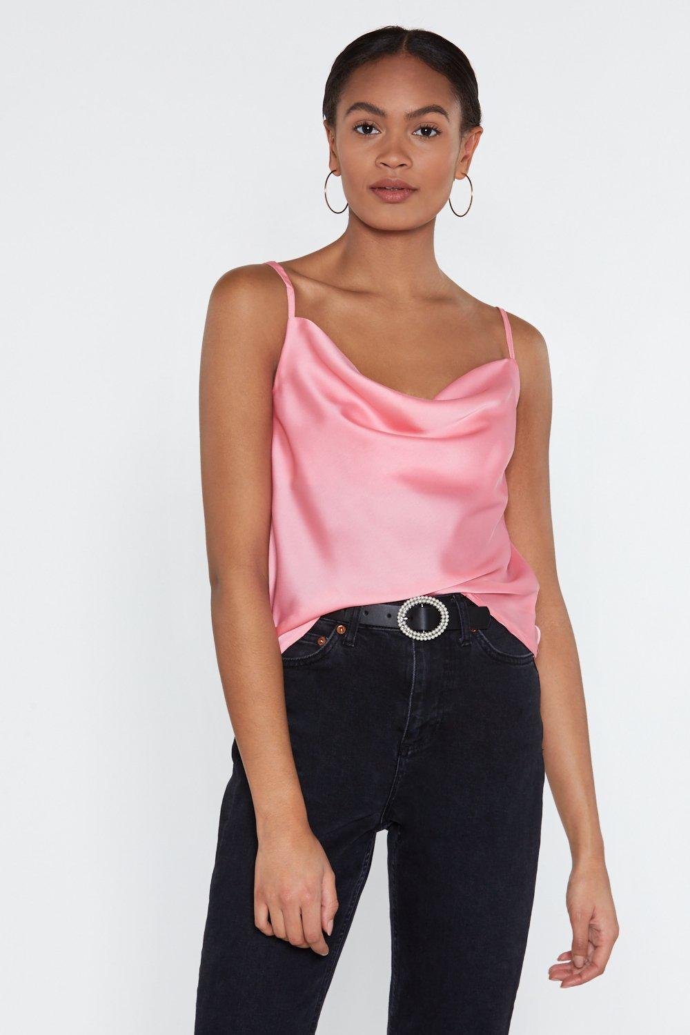 pink satin cowl neck top