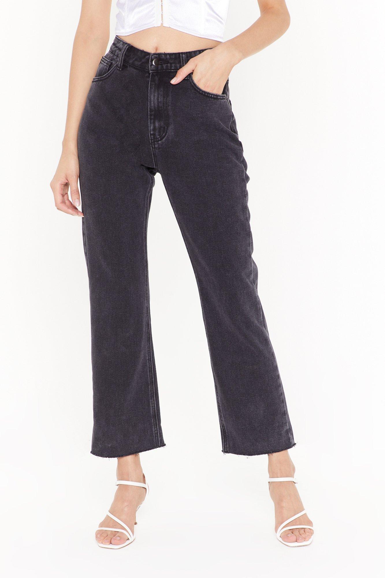 black straight leg raw hem jeans