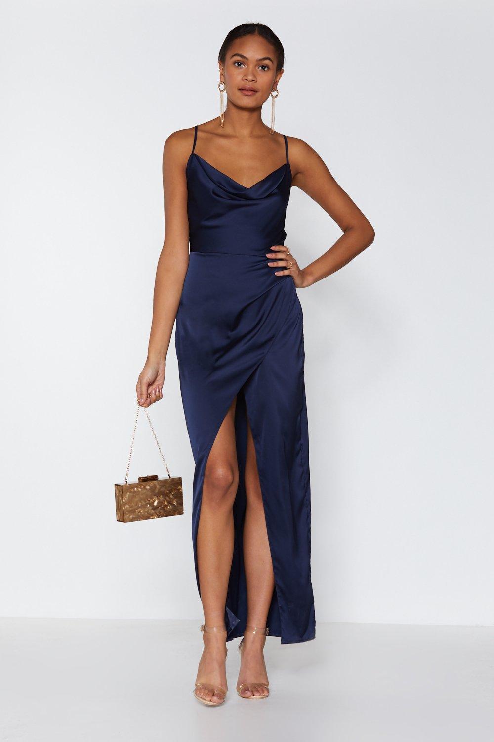 navy satin cowl neck dress