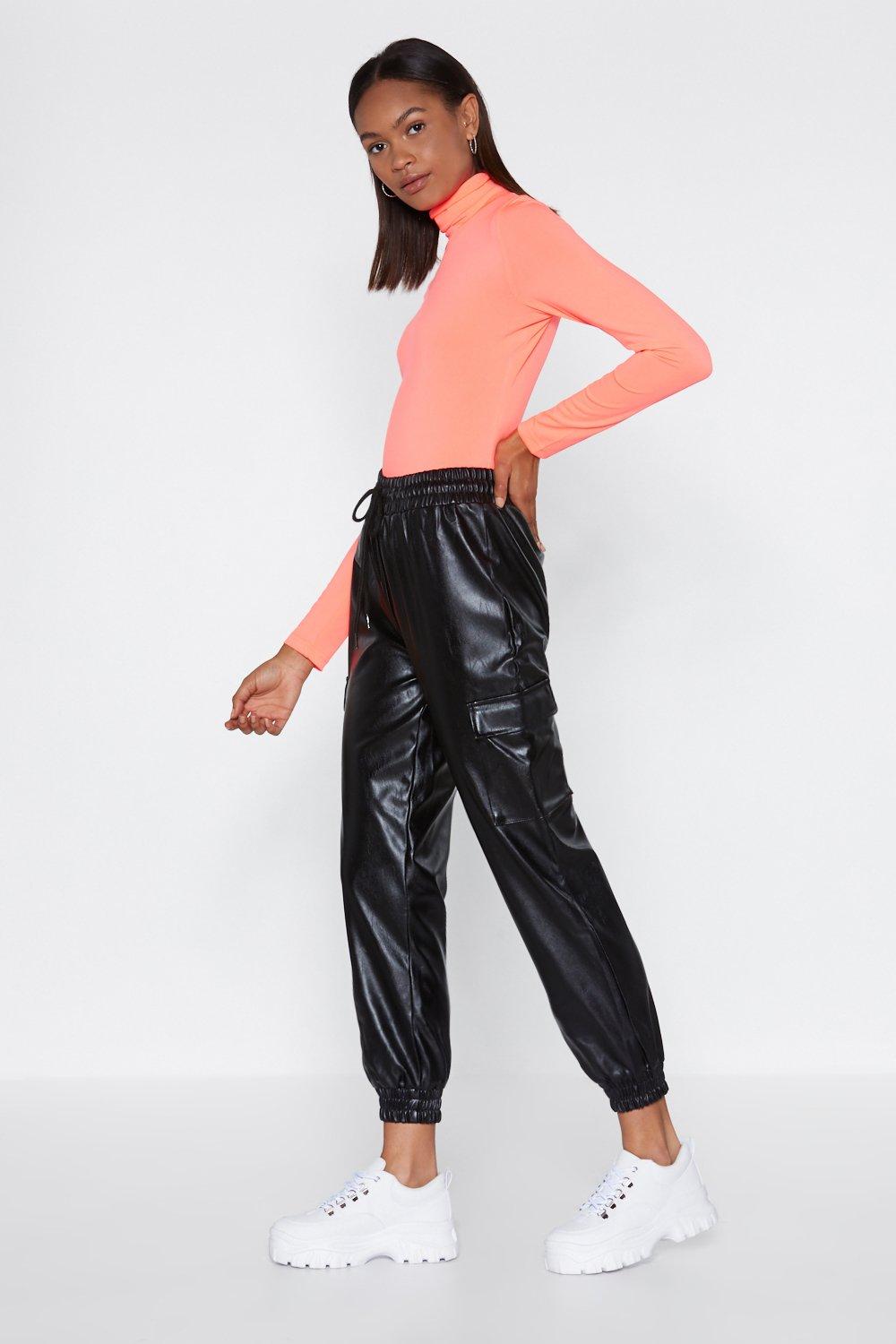 womens black leather joggers