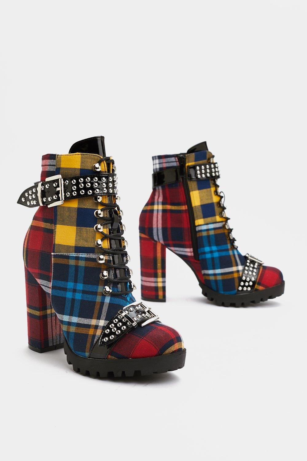 mixed check block heel cleated biker boot