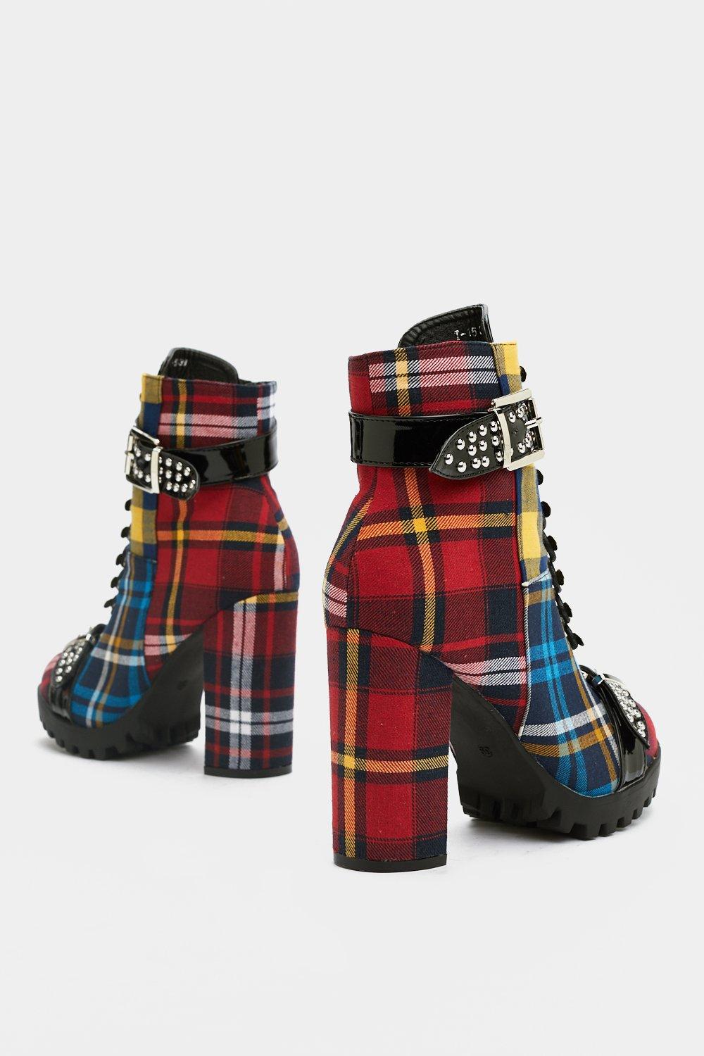 mixed check block heel cleated biker boot