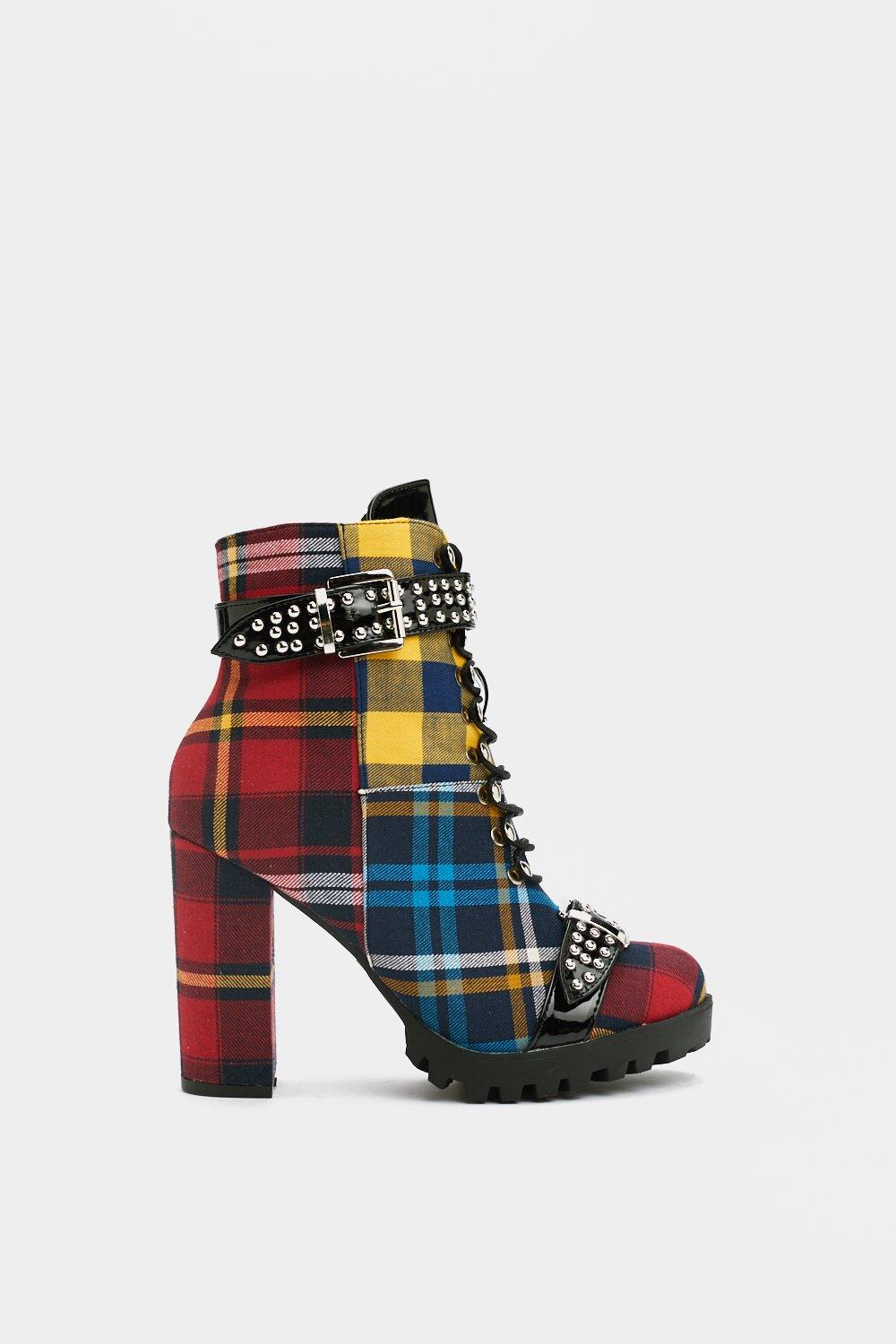 mixed check block heel cleated biker boot