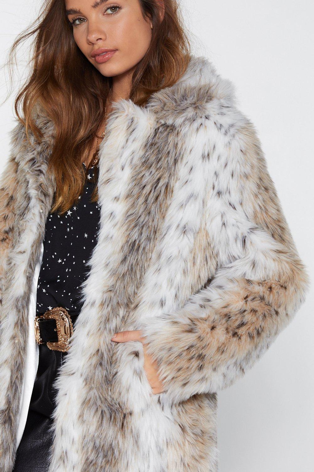 white leopard faux fur coat