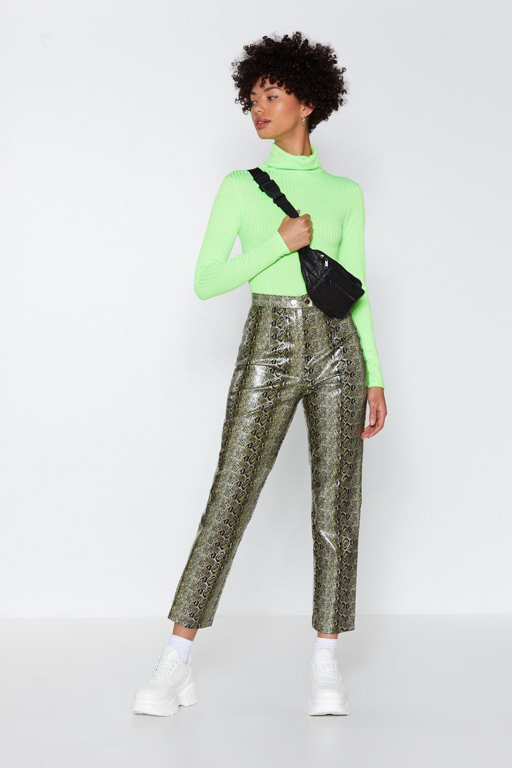 green faux leather pants