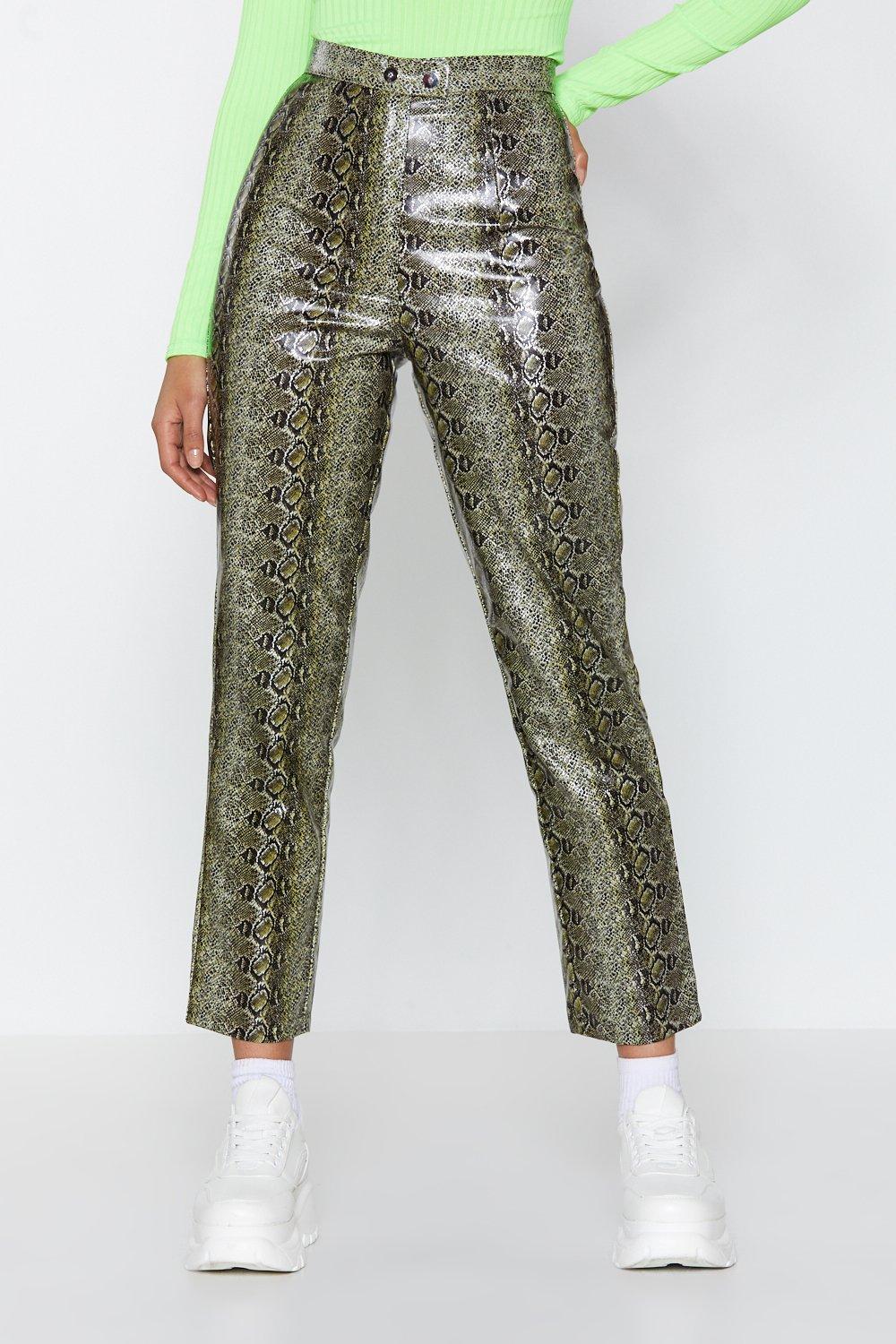 snake print faux leather pants