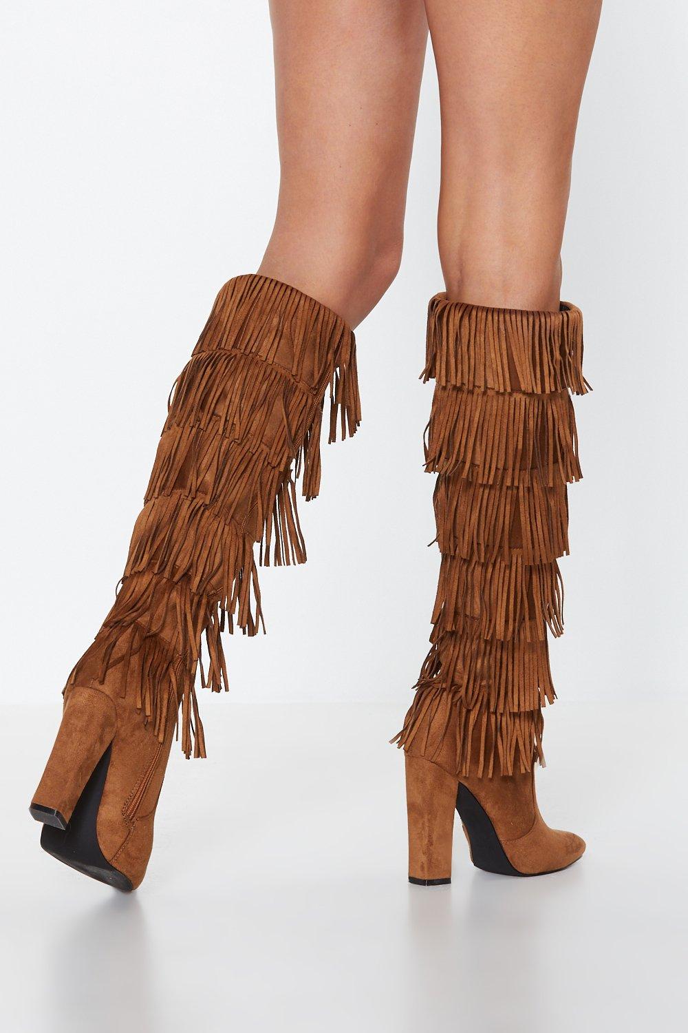 knee high fringe boots