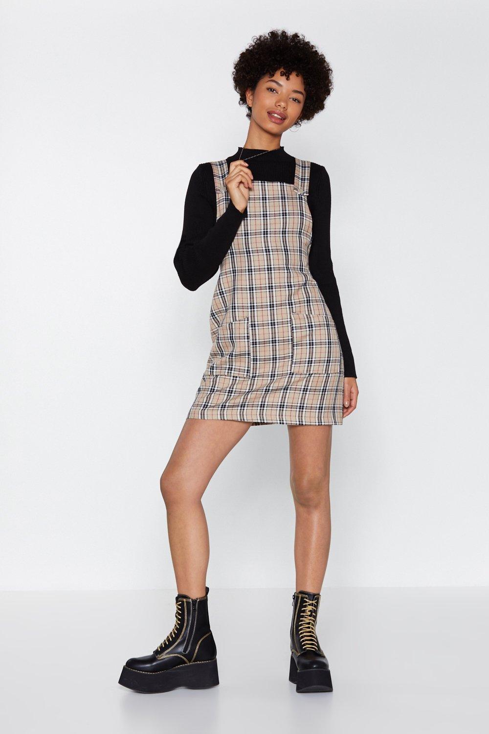 beige check pinafore dress