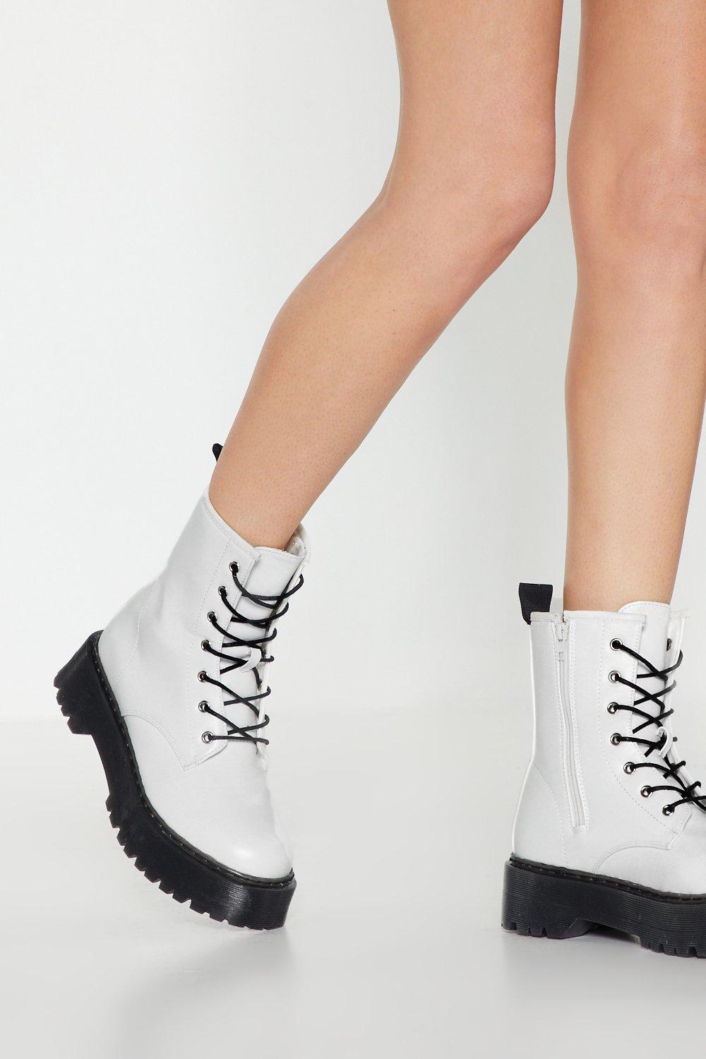 white chunky digger lace up boots