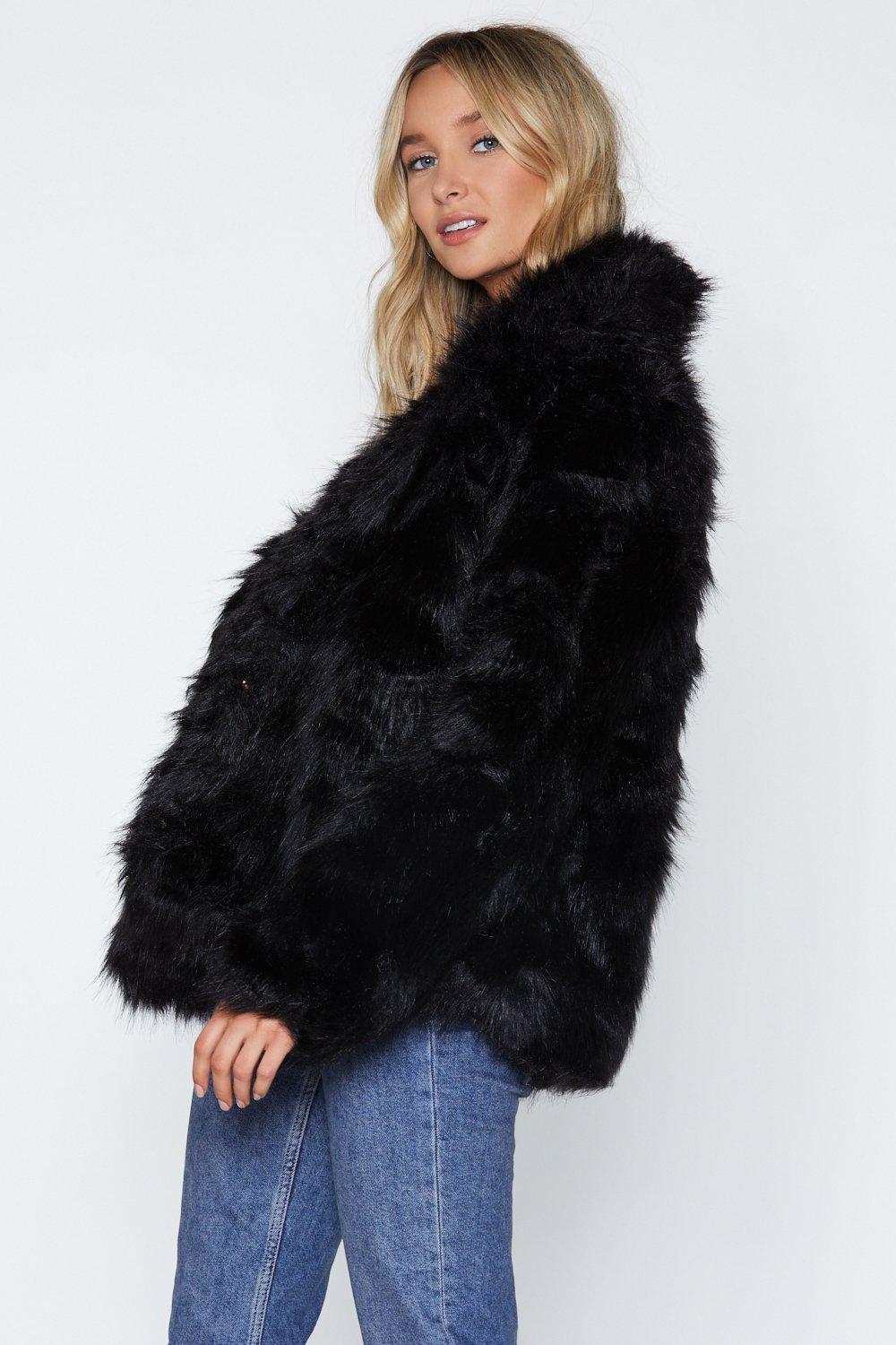 faux fur coat black with hood