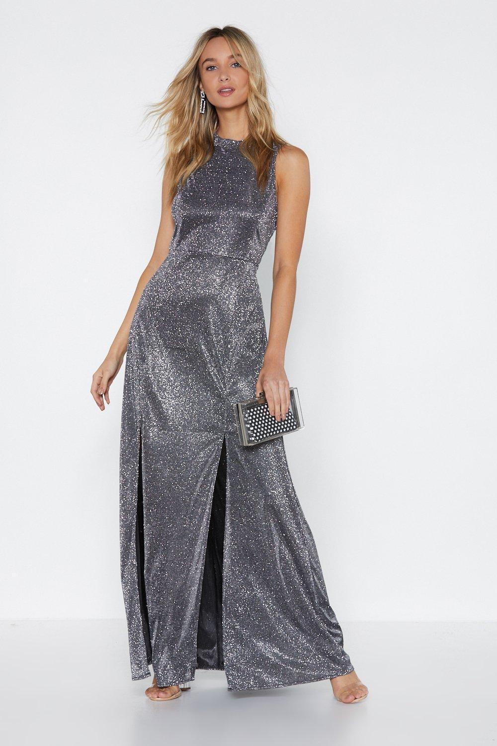 silver glitter maxi dress