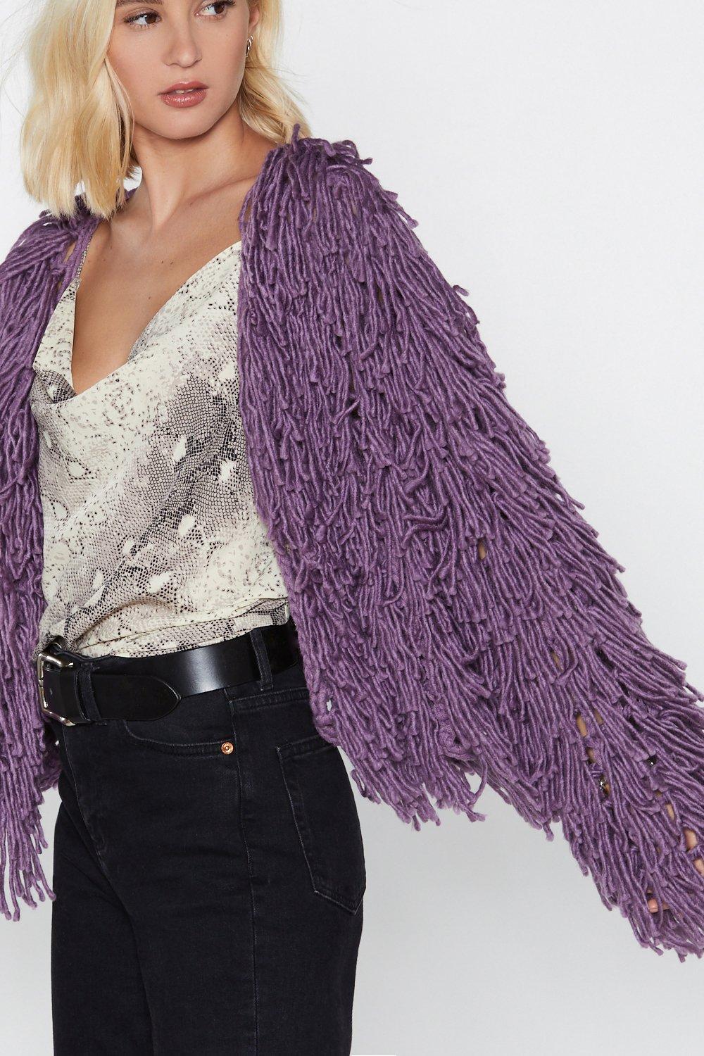 purple shaggy cardigan