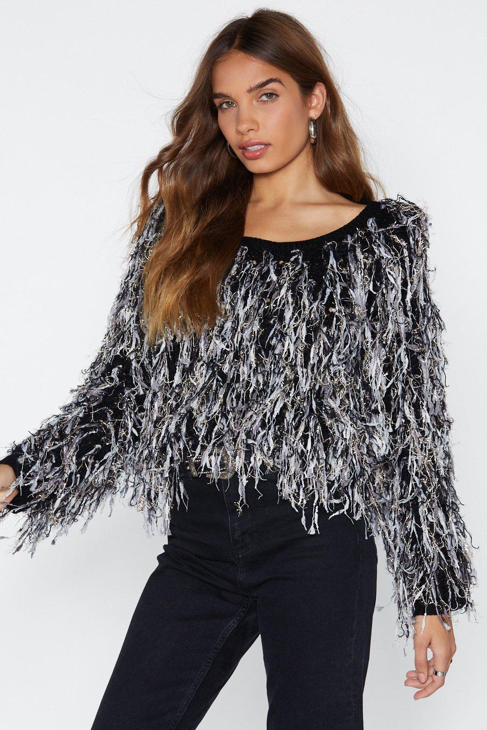 black shaggy sweater