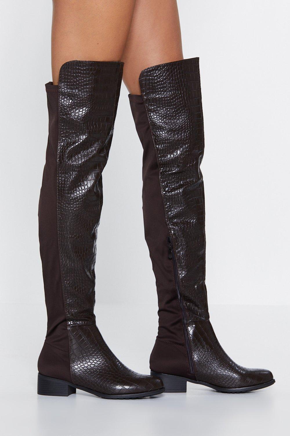 black croc over the knee boots