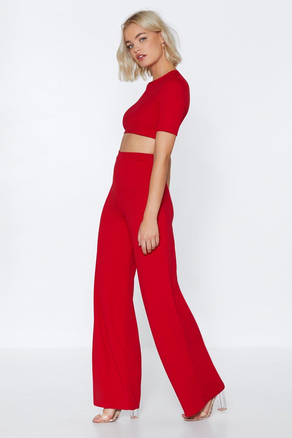 red crop top and pants set