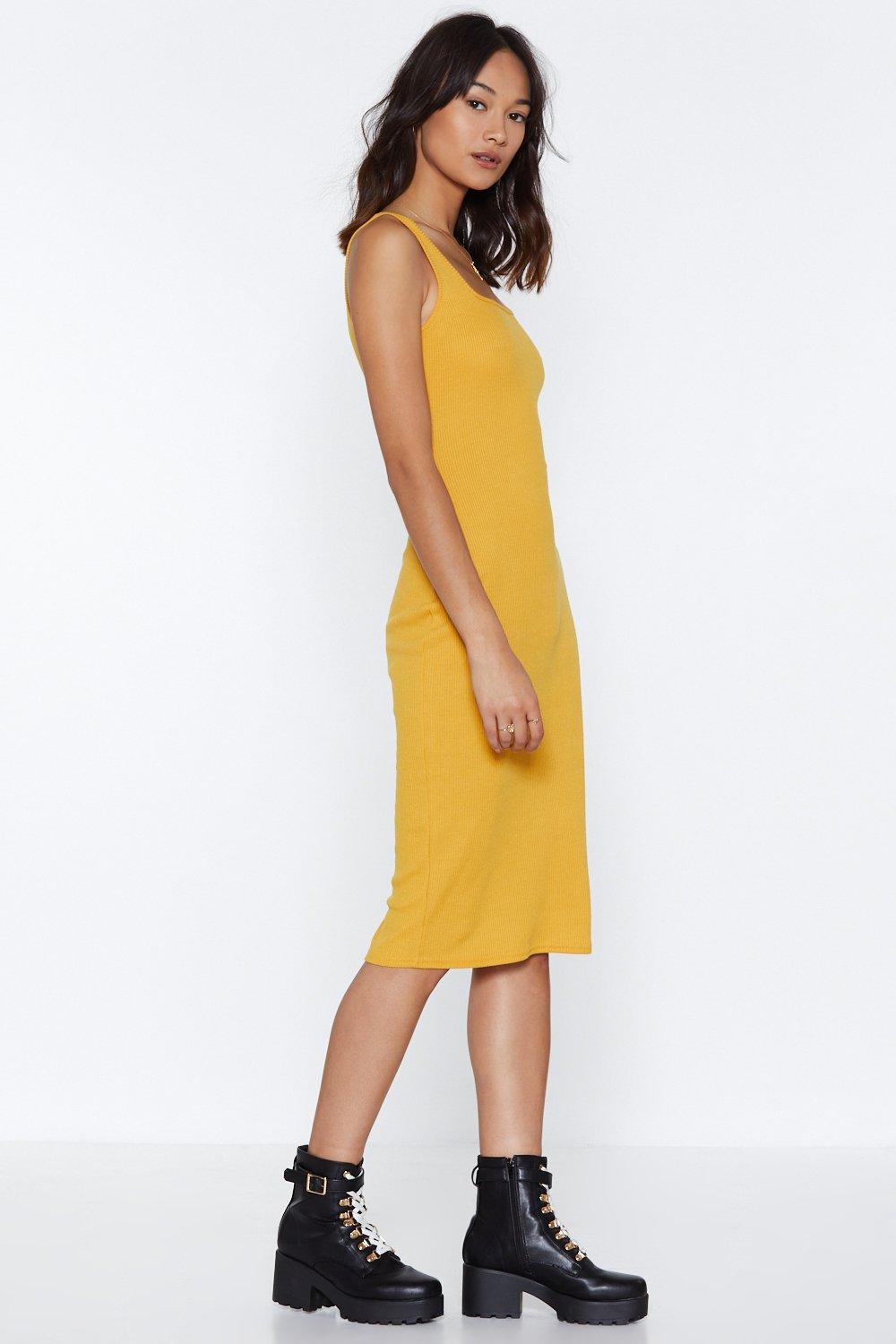 mustard ribbed midi dress