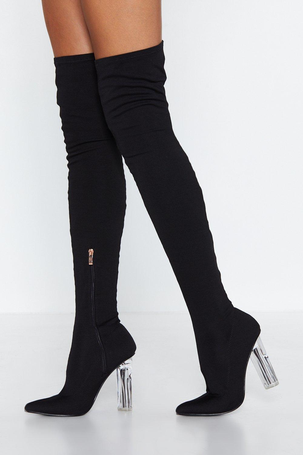 over the knee boots with clear heel