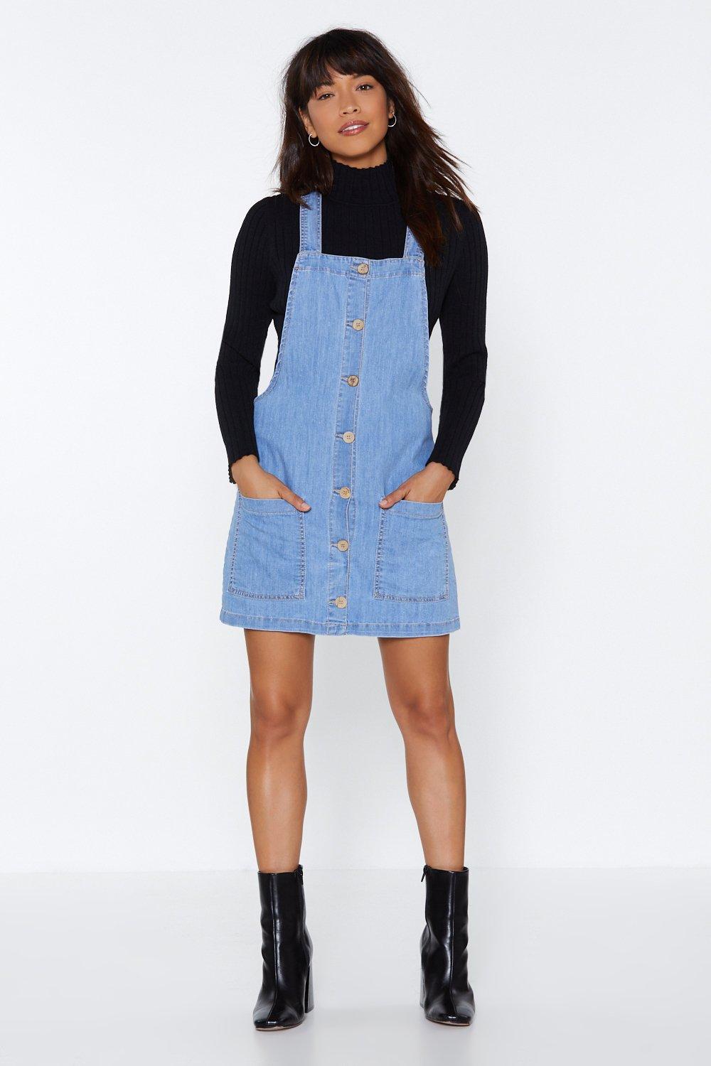 light blue denim pinafore dress