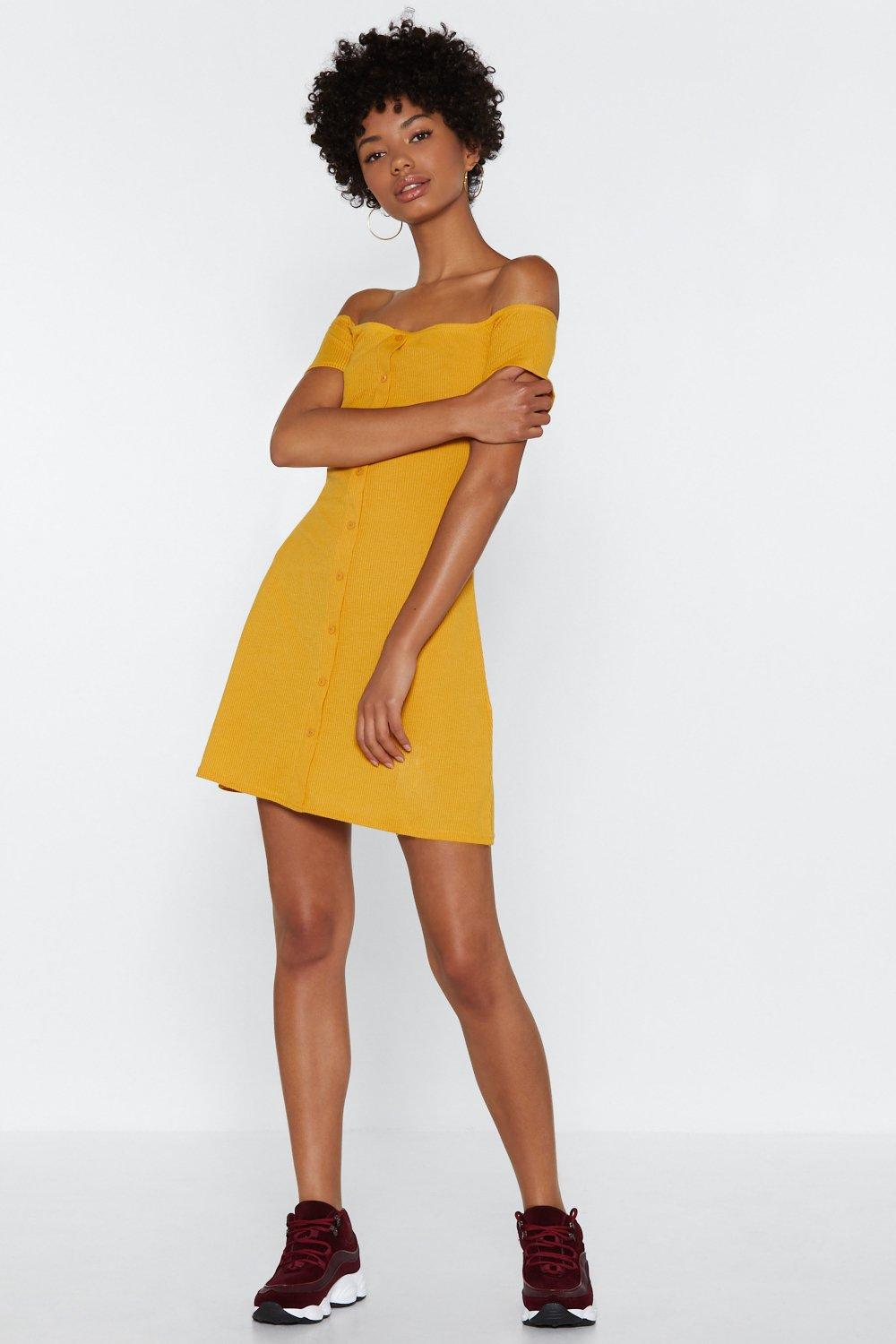 mustard off the shoulder dress