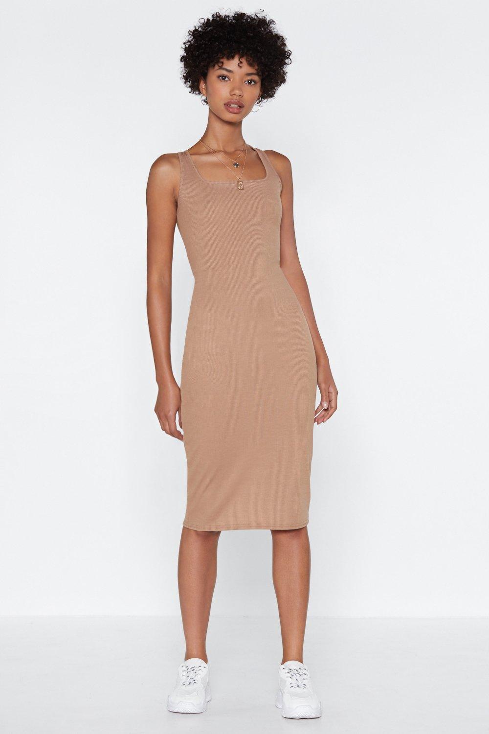 camel ribbed midi dress