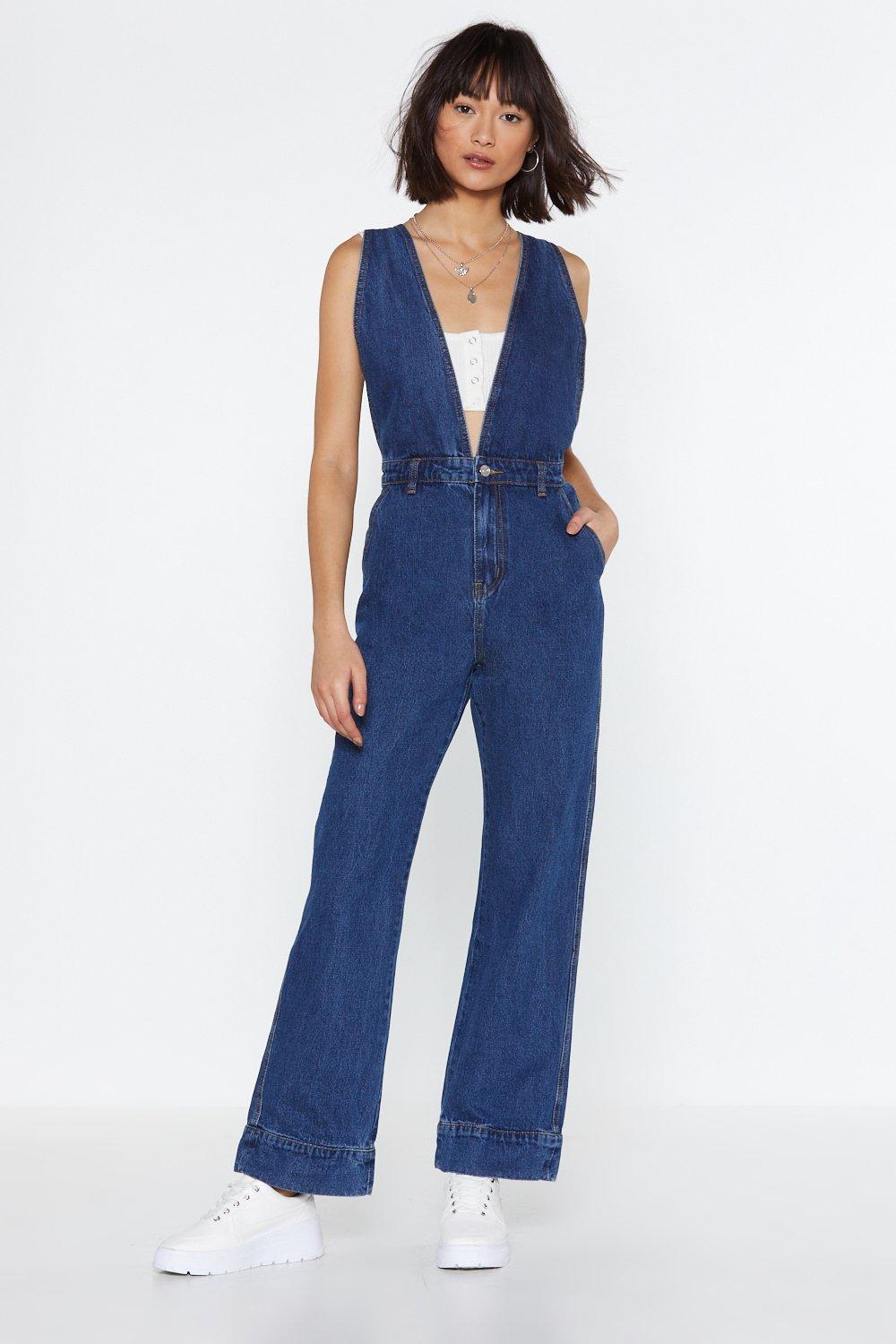 v neck denim overalls