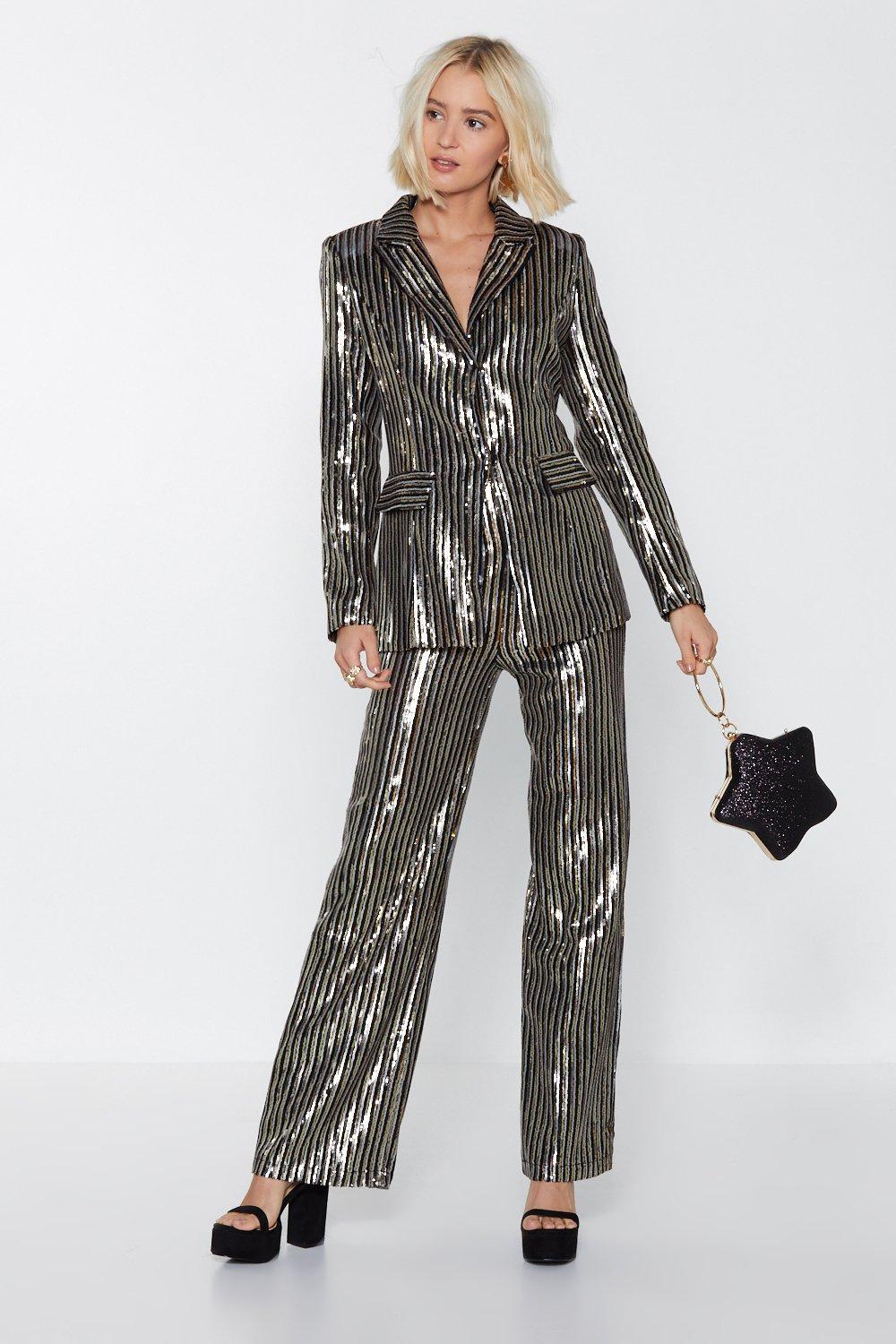 silver sequin pant suit