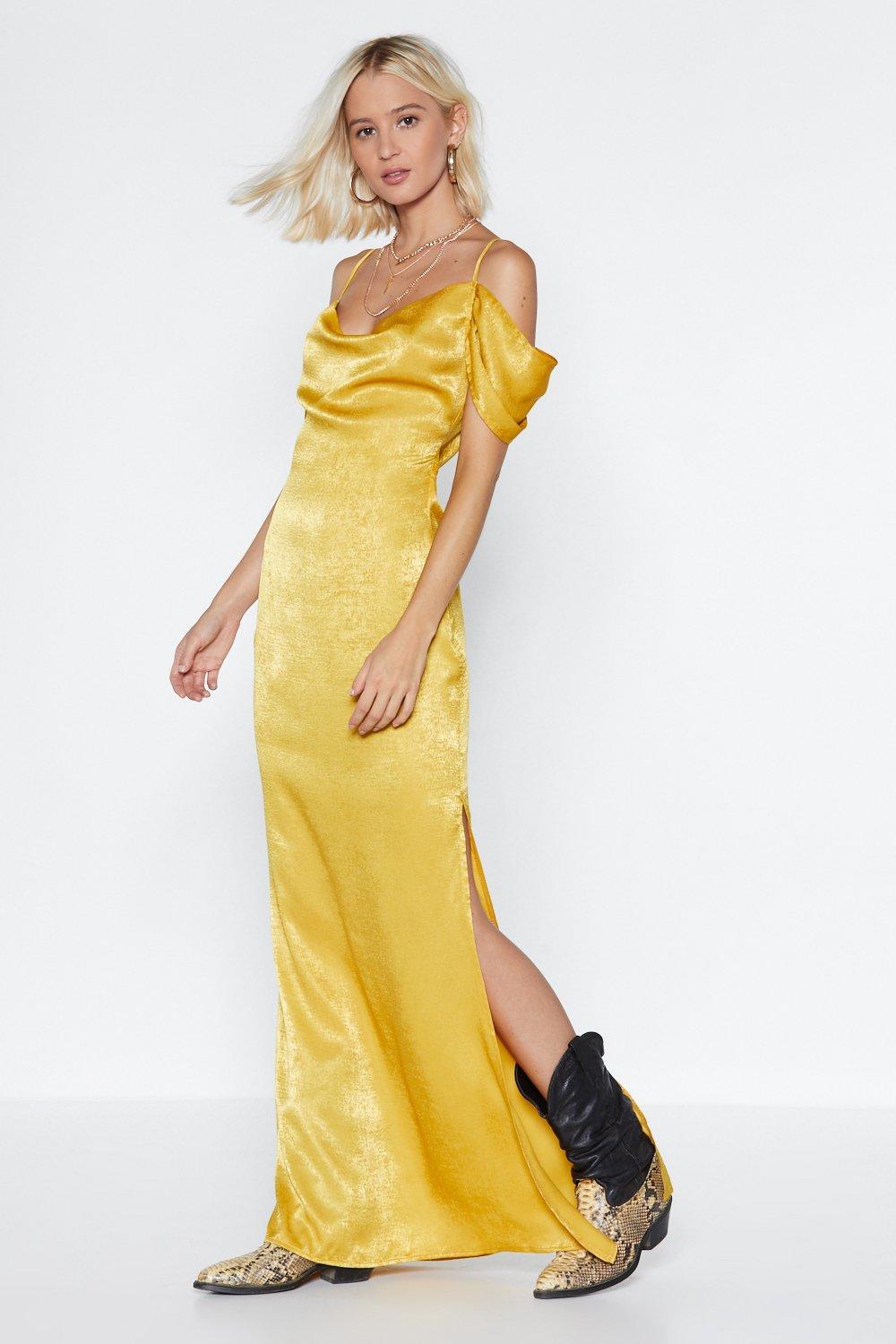 long yellow satin dress