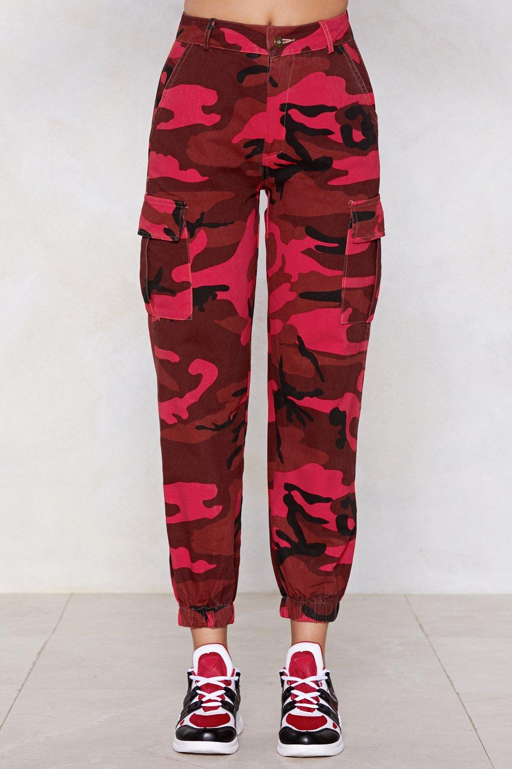 red and grey camo pants