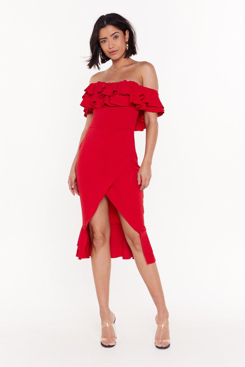 red ruffle cocktail dress